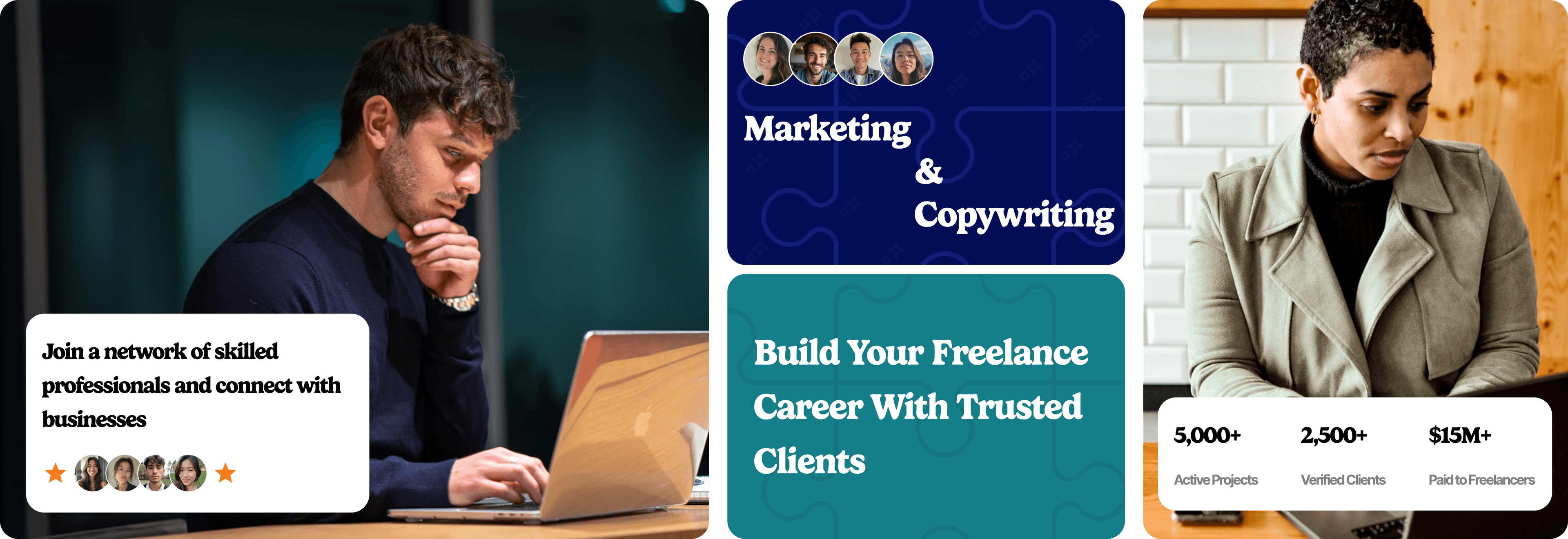 Freelancers at work, with the categories and results Talent Tasker offers them