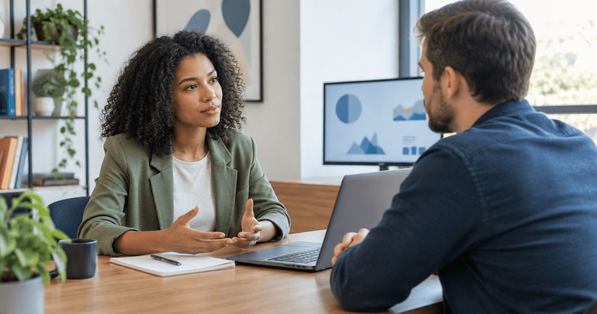 Freelance marketer discussing project terms with client