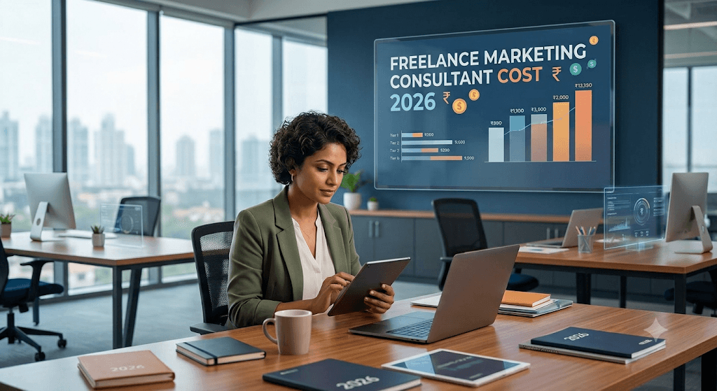 Business owner reviewing freelance marketing rates on laptop