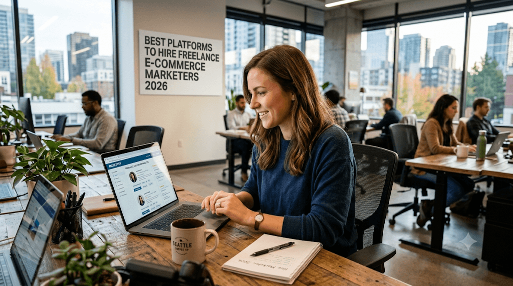 Marketer reviewing e-commerce platform analytics on laptop